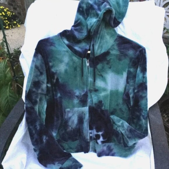 Cozie by Pink Rose Women Size L Short Hoodie Jacket Full Zip Velour Green Navy - Picture 4 of 6